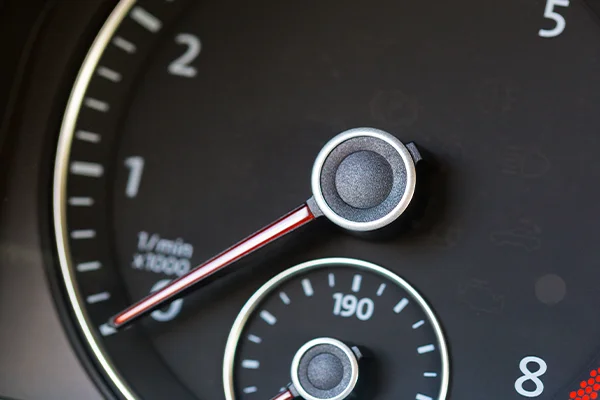 Close-up of tachometer gauge showing 0 RPM